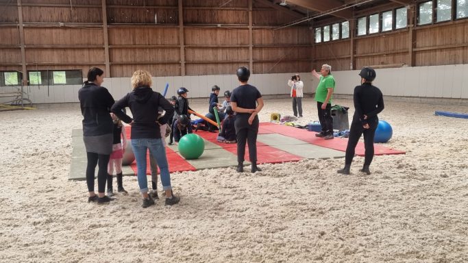 Sturz und Falltraining Gruppe von Menschen in einer Reithalle, die Übungen mit Bällen und Matten machen.